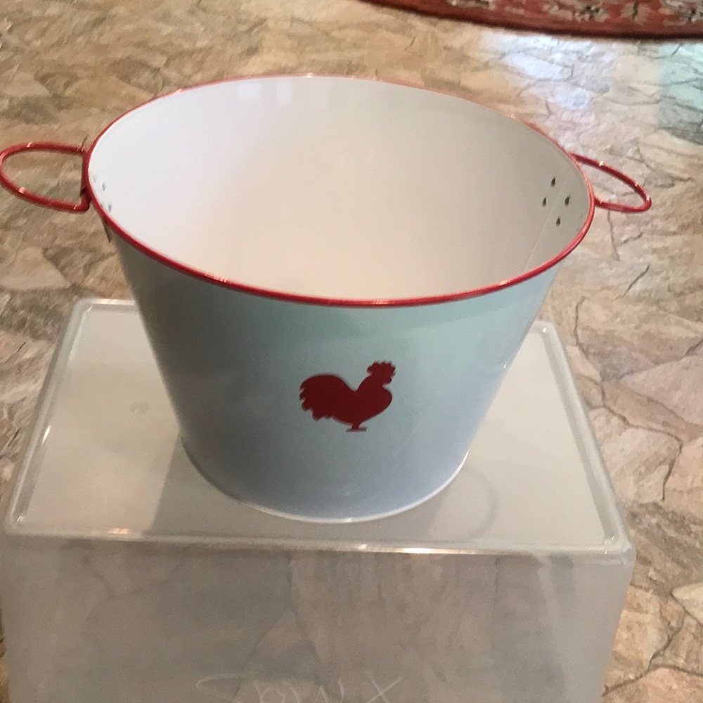 Food Network Bucket White Metal Bucket with Red Chickens